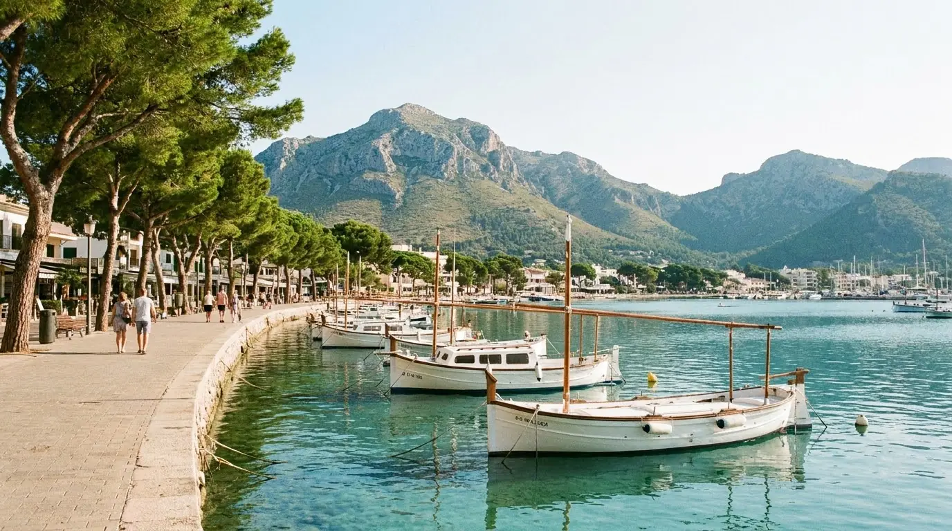 The calm bay at Port de Pollença in northern Mallorca below the mountains