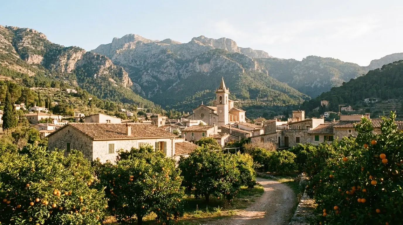 Sóller town in Mallorca among orange groves below the Tramuntana mountains