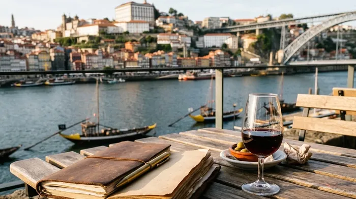 Illustration of a notebook and a glass of port by the Douro