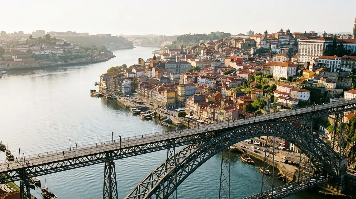 Illustration of Porto's old town above the Douro and its bridge in morning light