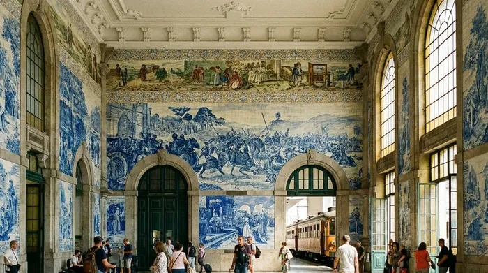 Illustration of a station hall lined with blue and white tiles in Porto
