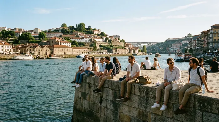 Illustration of people sitting by the river in Porto in June sunshine