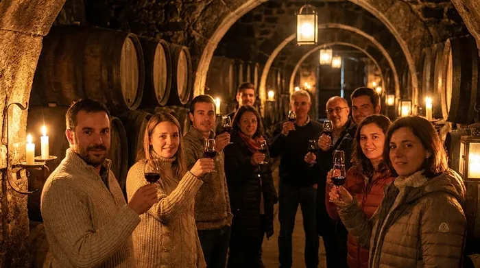 Illustration of a port wine tasting in a vaulted cellar