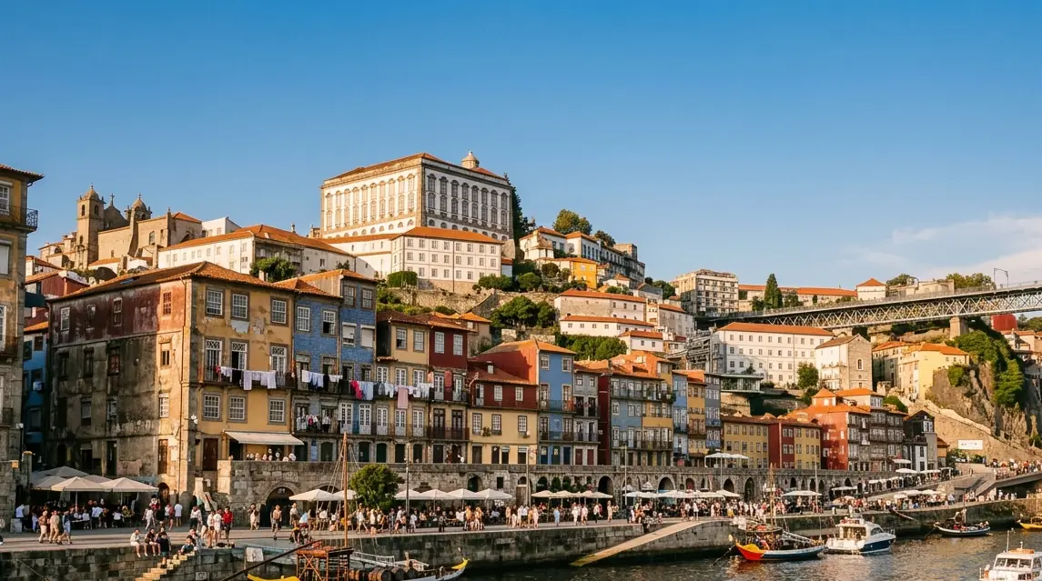 Illustration of Porto's riverside on a bright summer evening