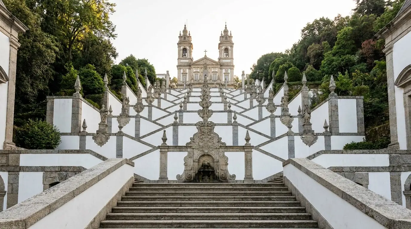 Illustration of the baroque stairway climbing to Bom Jesus do Monte near Braga