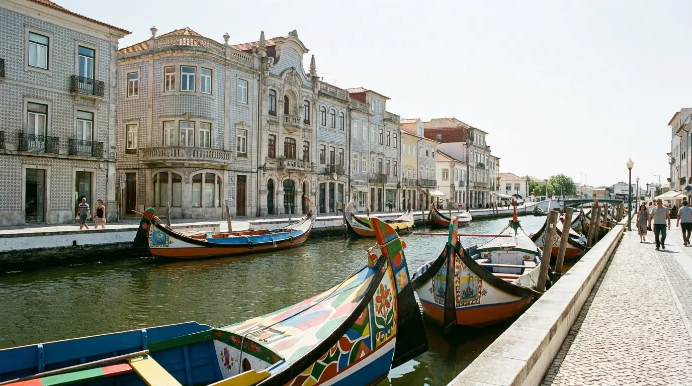 Illustration of colourful moliceiro boats moored on a canal in Aveiro