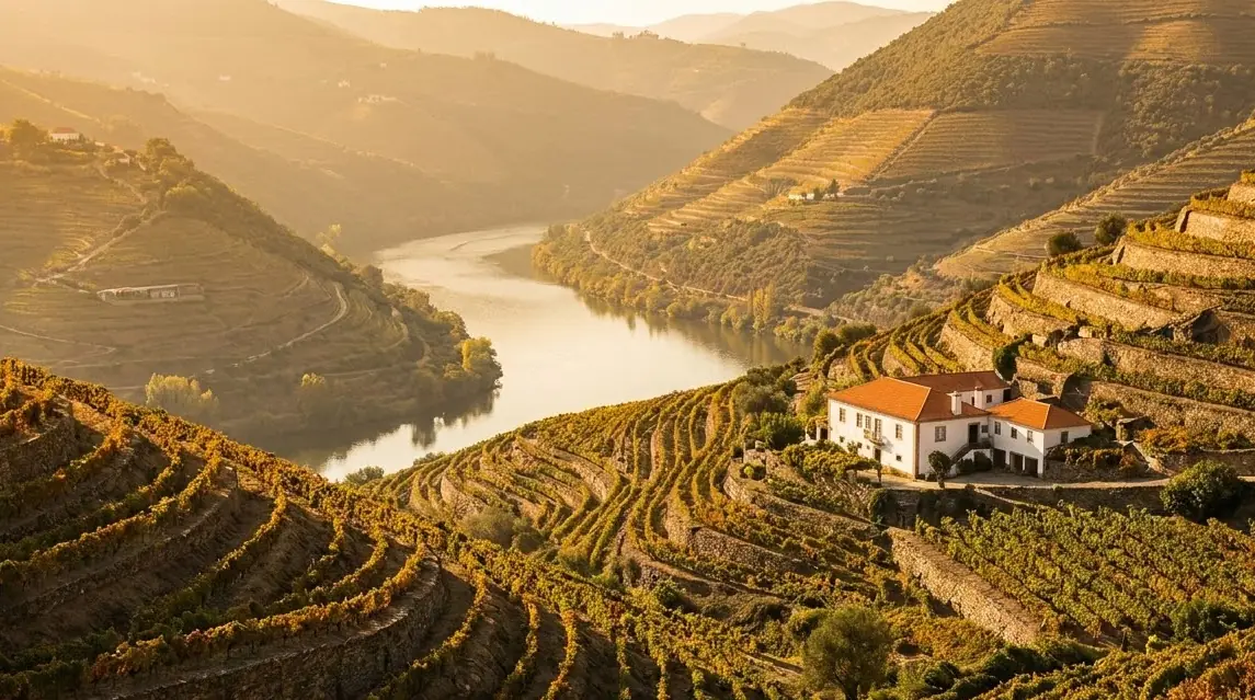 Illustration of terraced vineyards above the curving Douro river in northern Portugal
