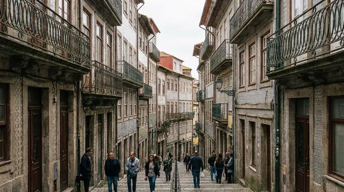 Illustration of a steep sloping street in Porto's old town