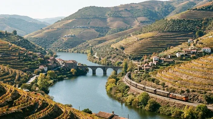 Illustration of terraced vineyards above the river in the Douro valley