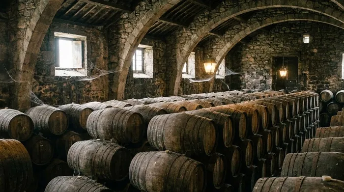 Illustration of barrels in a vaulted port wine cellar