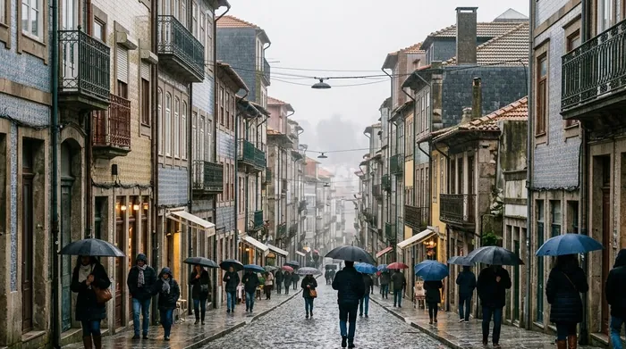 Illustration of a Porto street in winter rain