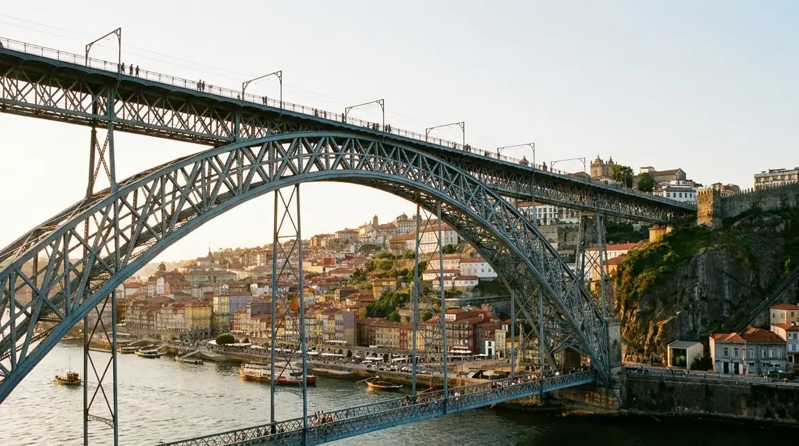 Illustration of the double-deck iron bridge over the Douro in Porto at golden hour