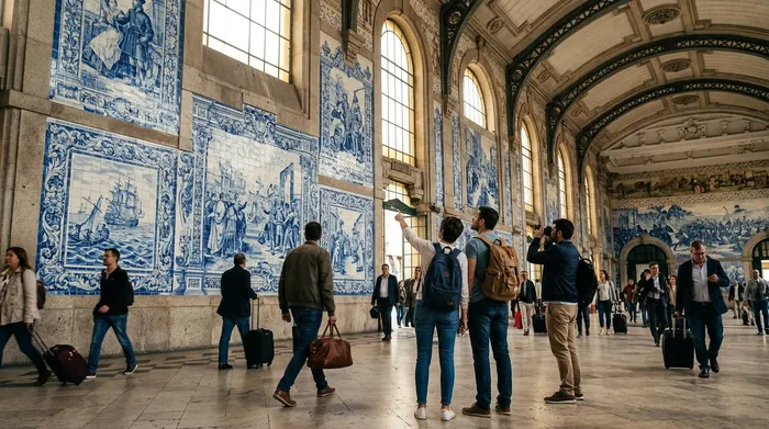 Illustration of travellers admiring tiled panels in a station hall
