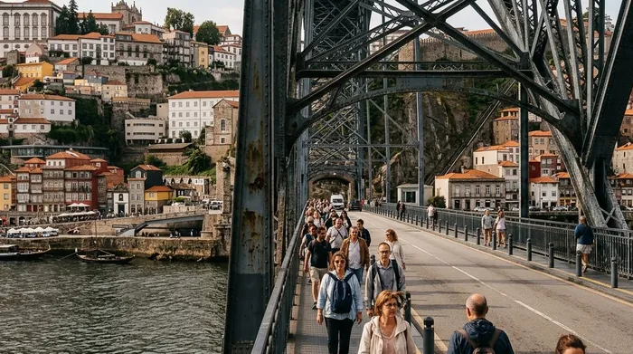 Illustration of people walking the lower deck of a bridge in Porto