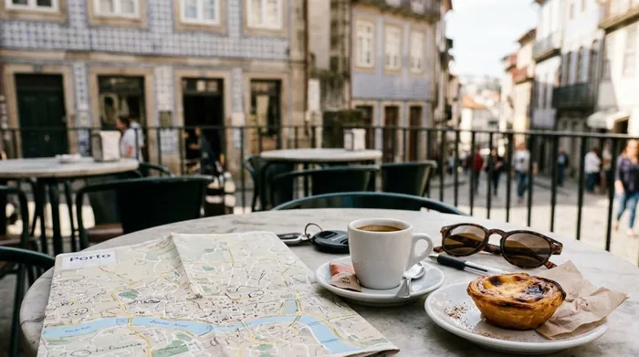 Illustration of a map with coffee and a pastry in Porto