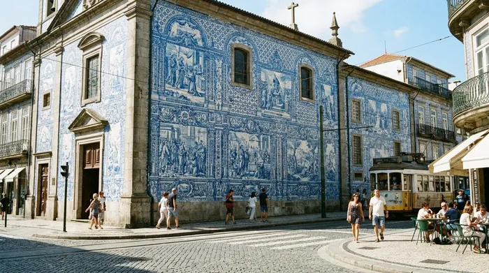 Illustration of a church wall covered in blue and white tiles in Porto