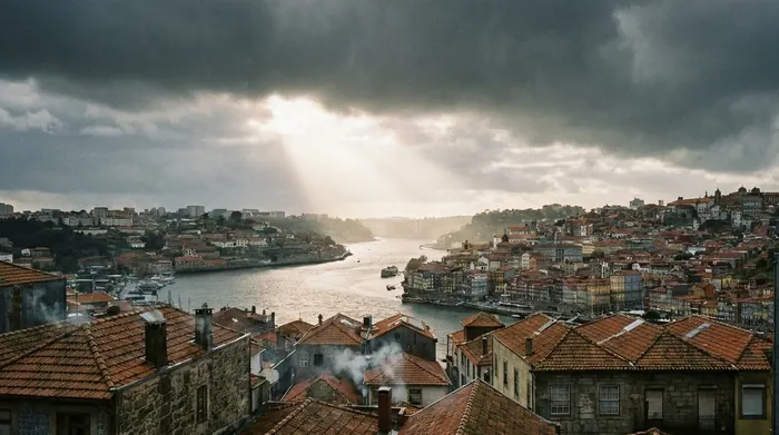 Illustration of Porto rooftops under winter rain clouds