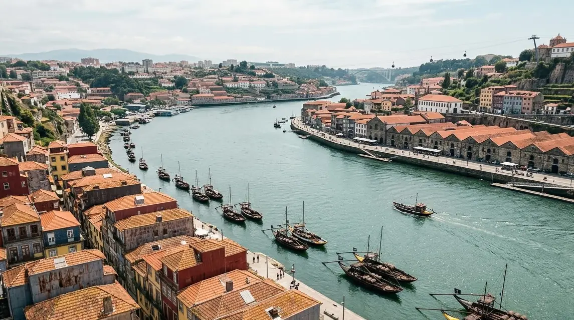 Illustration of Porto's riverside and traditional boats from above