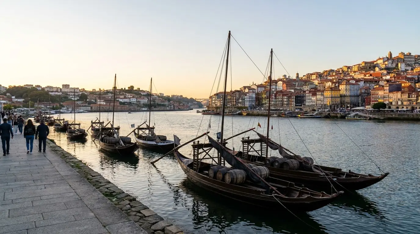 Illustration of rabelo boats on the Douro facing the houses of Porto's Ribeira