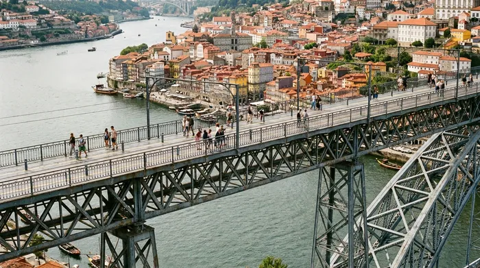 Illustration of walkers crossing a high iron bridge deck in Porto