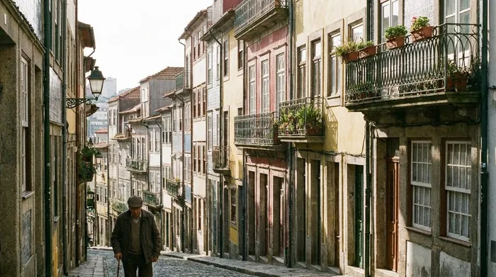 Illustration of a steep granite street climbing uphill in Porto