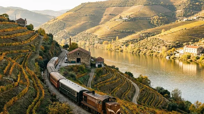 Illustration of a train beside the river through the Douro valley