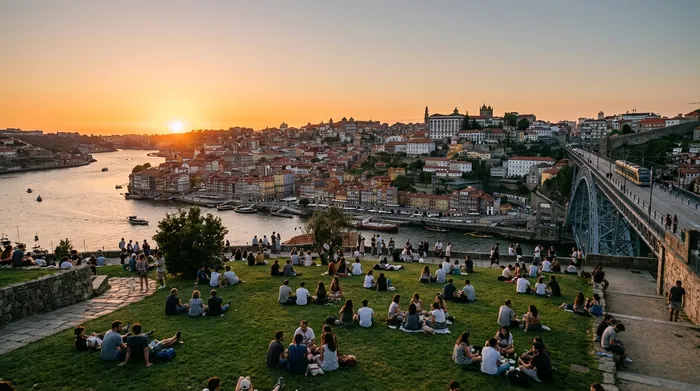Illustration of people watching sunset over Porto from a hilltop garden
