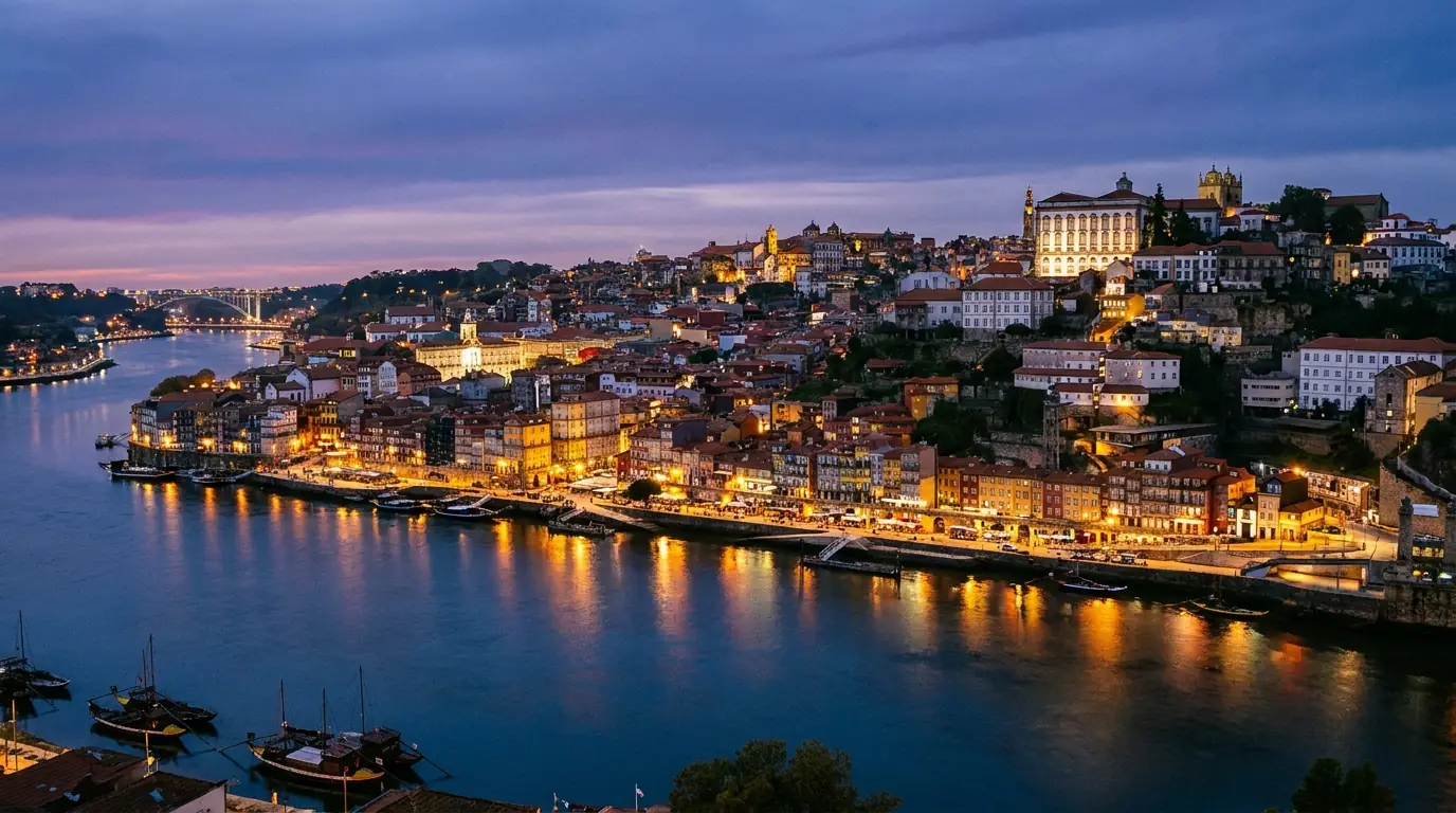 Illustration of Porto's old town and cathedral across the Douro at dusk