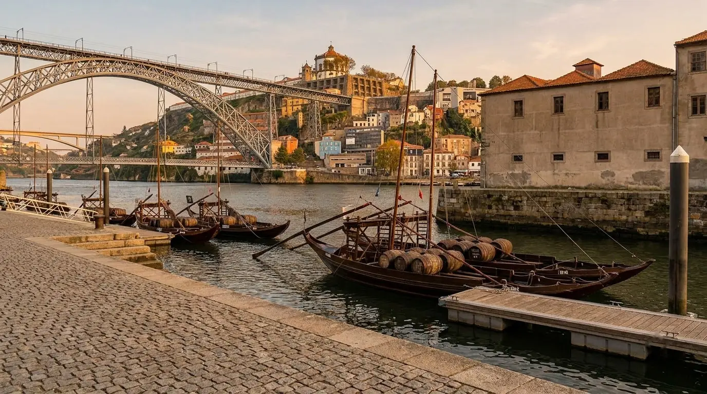 Rabelo boats moored on the Douro below the Dom Luís I bridge in Porto