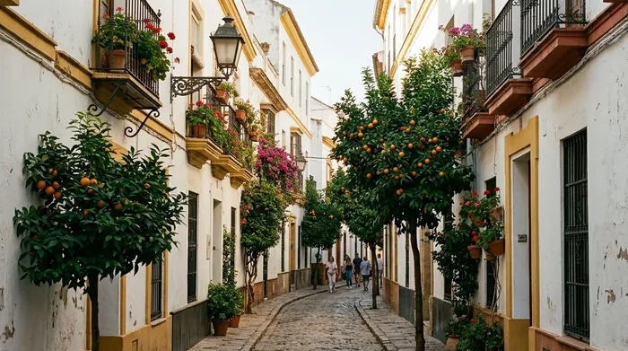 Illustration of a whitewashed lane with orange trees in Seville