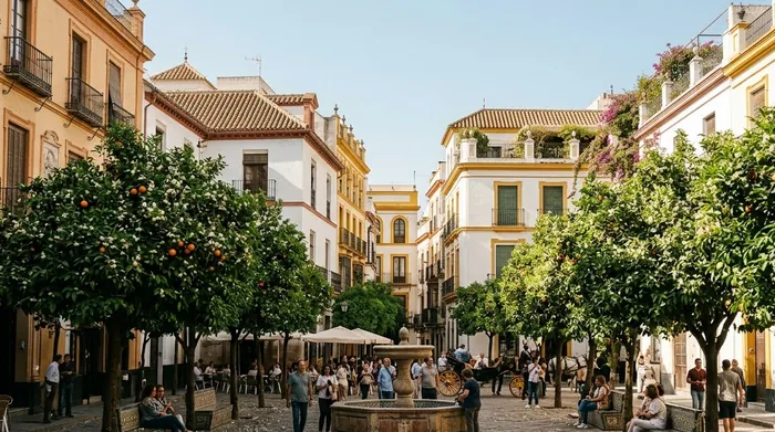 Illustration of orange trees in blossom in a Seville square