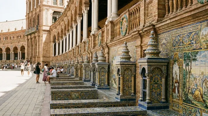 Illustration of painted ceramic bench alcoves in a Seville plaza