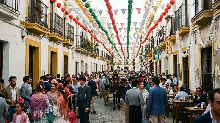Illustration of a crowded festival street with lanterns in Seville