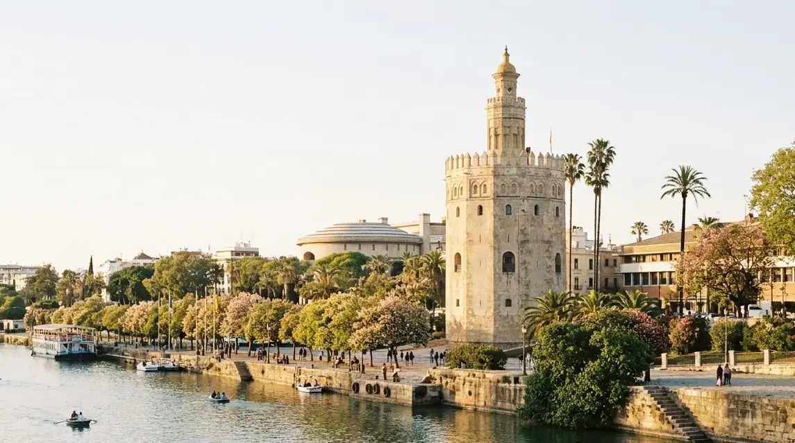 Illustration of Seville's riverside and a golden tower in spring light