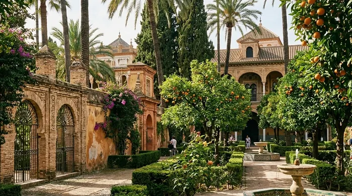 Illustration of palace gardens with fountains in Seville