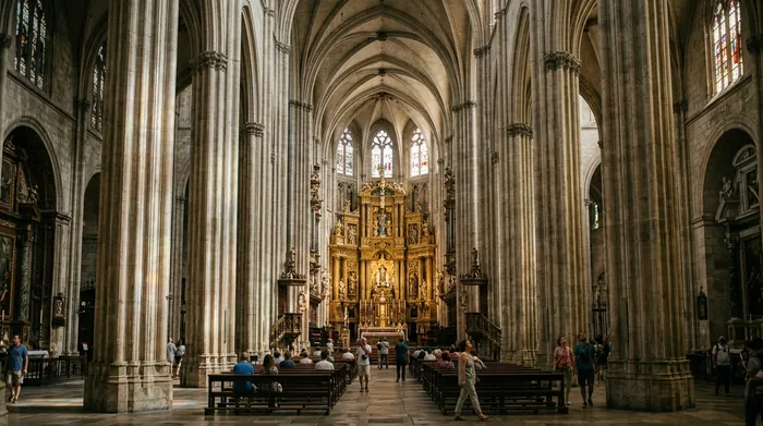 Illustration of a vast Gothic cathedral interior in Seville