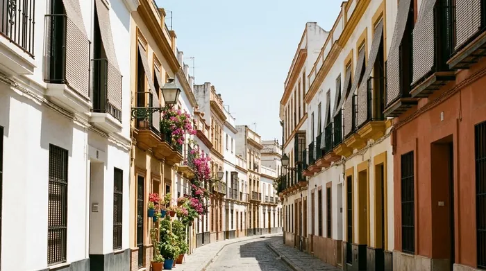 Illustration of an empty sun-baked street in Seville in the afternoon