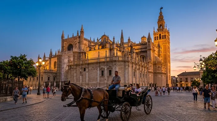 Illustration of a horse-drawn carriage passing the cathedral in Seville