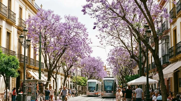 Illustration of a Seville street with jacaranda trees in bloom