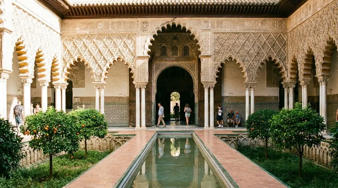 Illustration of a palace courtyard with a reflecting pool in Seville