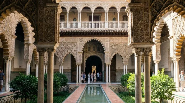Illustration of a palace courtyard with carved arches and a pool in Seville