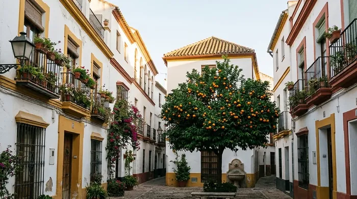 Illustration of a small square with an orange tree in Seville's old quarter