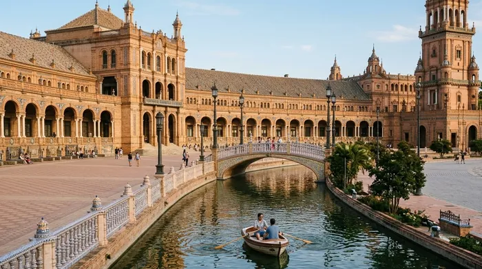 Illustration of a rowing boat on the canal of a grand plaza in Seville