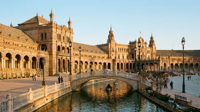 Illustration of a semicircular tiled plaza with a canal in Seville