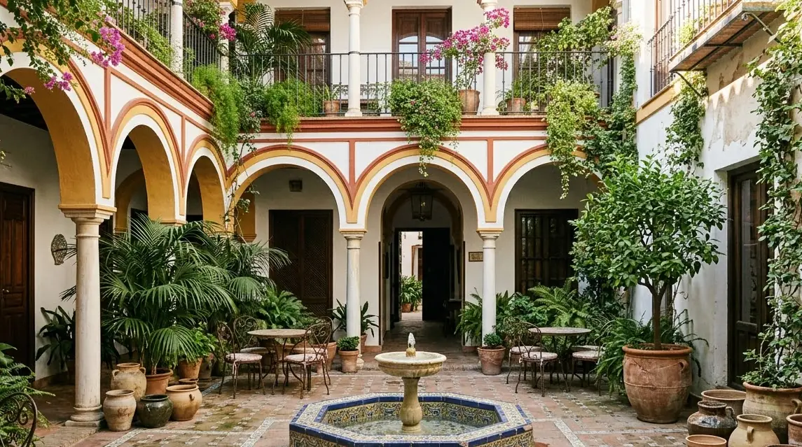 Illustration of a tiled hotel courtyard with a fountain in Seville
