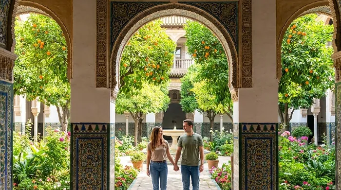 Illustration of a couple walking through a tiled palace archway in Seville