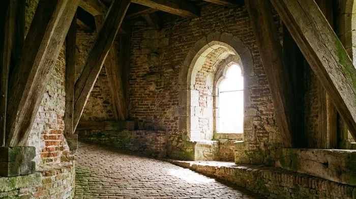 Illustration of a sloping brick ramp inside a medieval bell tower