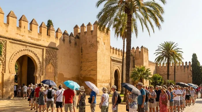 Illustration of a queue outside a palace wall in Seville