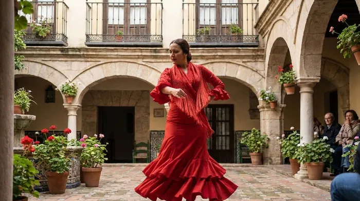 Illustration of a flamenco dancer in a small tiled courtyard