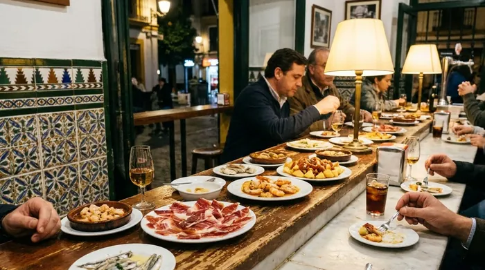 Illustration of tapas plates on a bar counter in Seville